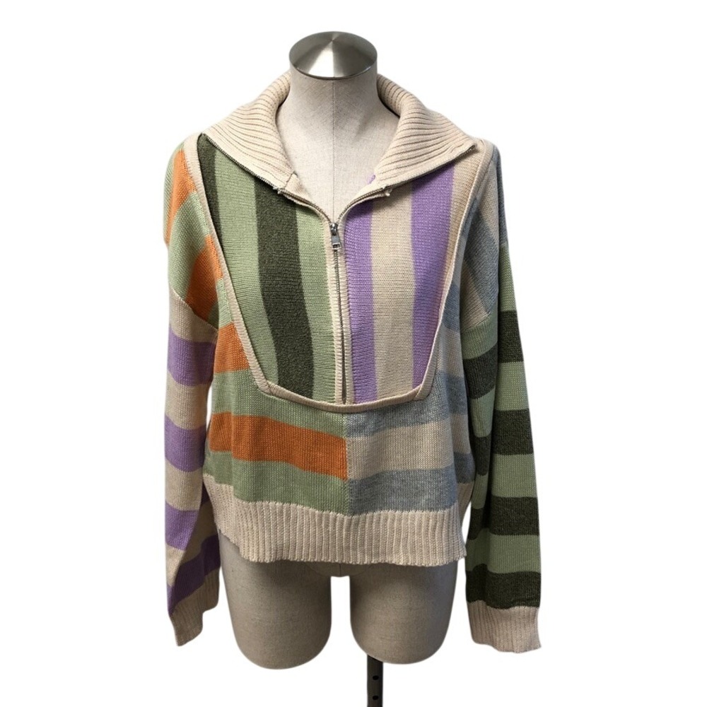 Mystree Striped Quarter Zip Sweater Womens Large Multicolor Cotton Knit Pullover